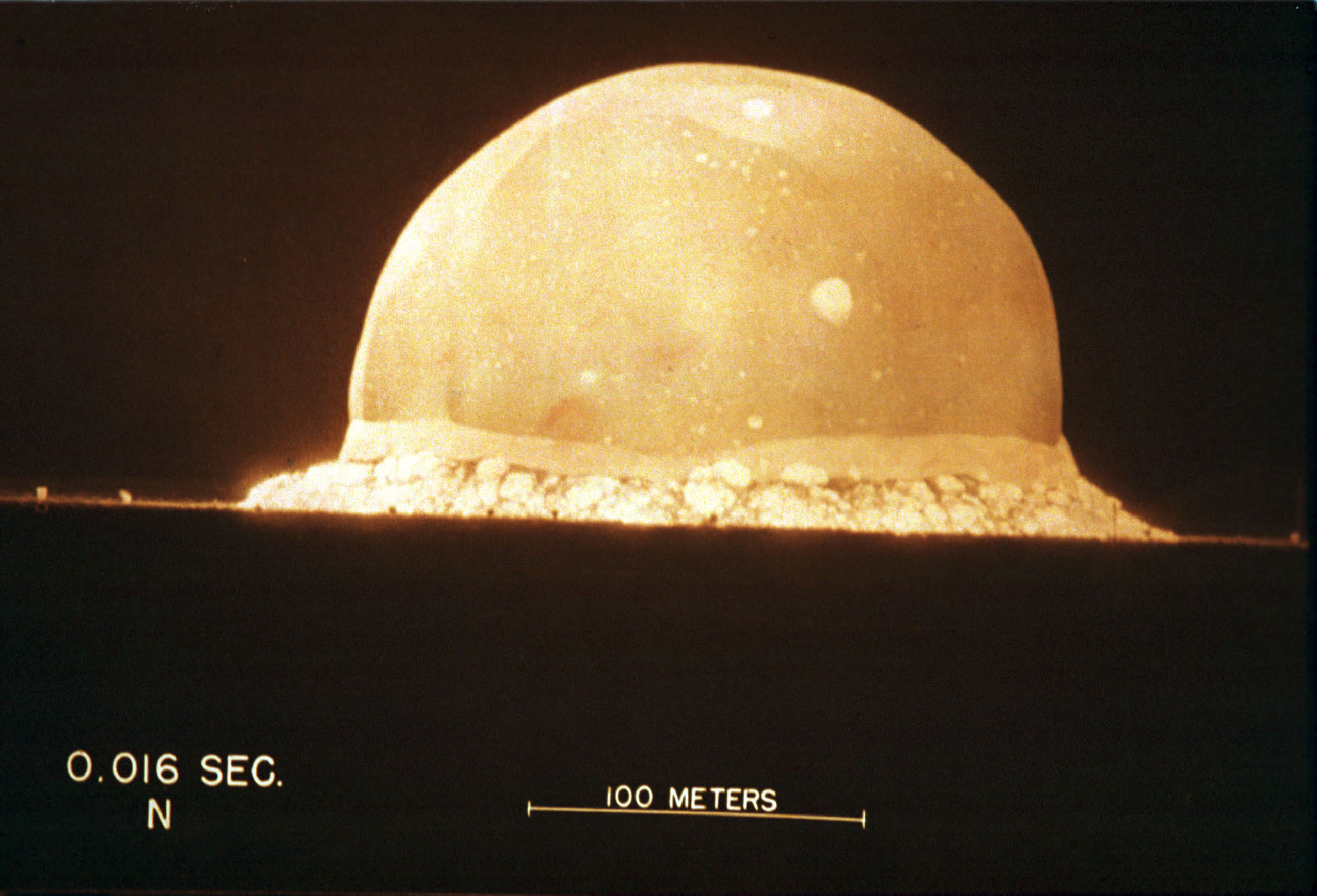 A photograph on display at The Bradbury Science Museum shows the first atomic bomb test on July 16, 1945, at Trinity Site in New Mexico.