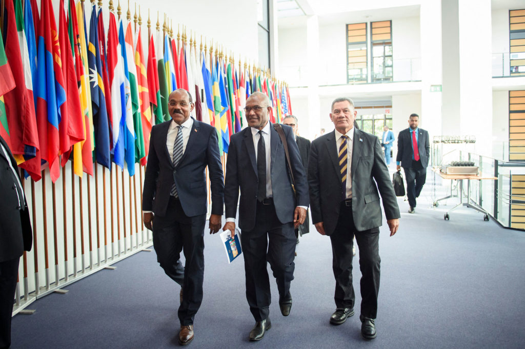 Gaston Browne (L-R), Prime Minister of Antigua and Barbuda, Arnold Loughman, Attorney General of Vanuatu, and Kausea Natano, Prime Minister of Tuvalu