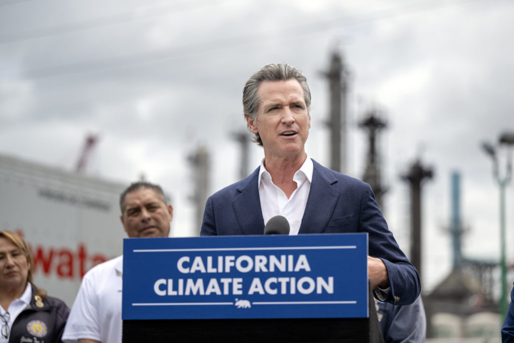 California Gov. Gavin Newsom tours World Energy, a low-carbon solutions provider, in Paramount, California, on May 1, 2023.