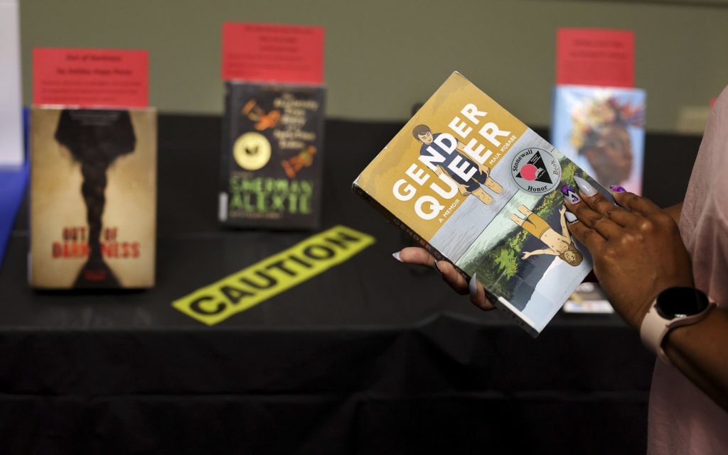 Gender Queer: A Memoir, by Maia Kobabe, is one of the banned and challenged books on display during Banned Books Week 2022 at the Lincoln Belmont branch of the Chicago Public Library on September 22, 2022.