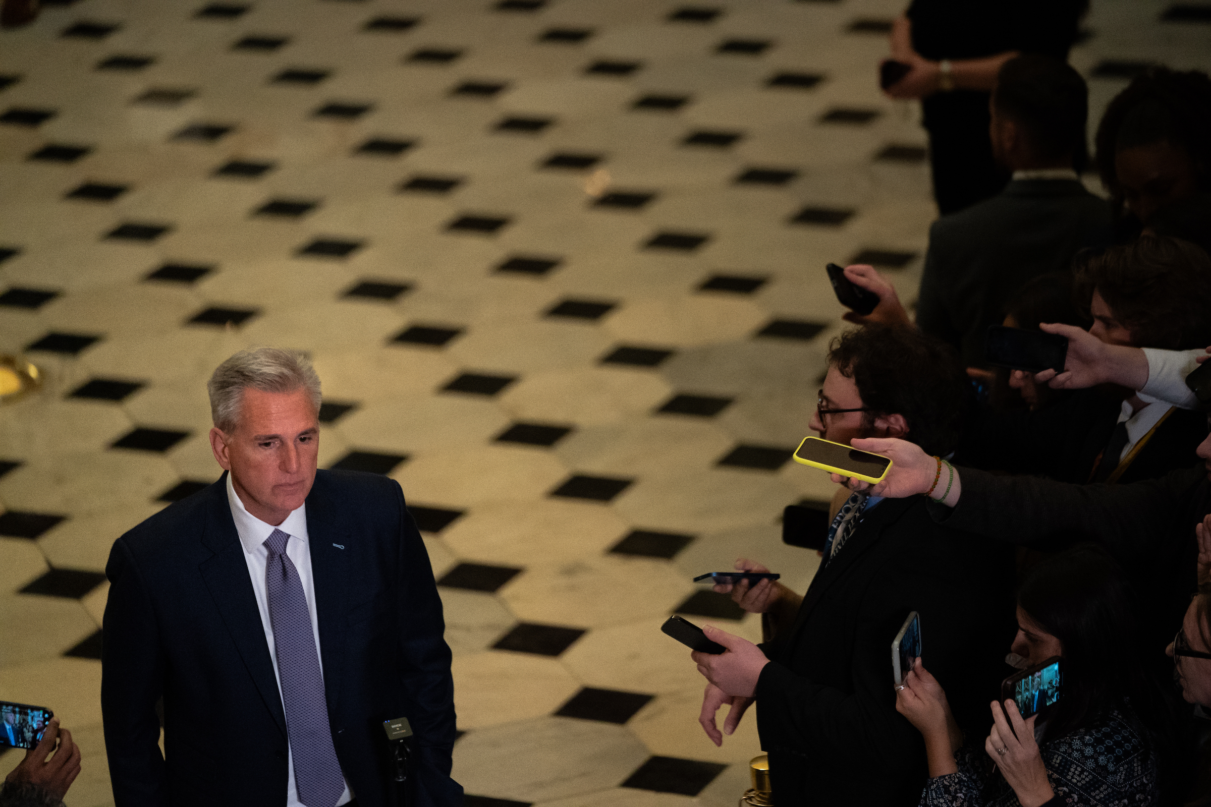 House Speaker Kevin McCarthy (R-California) speaks to reporters on Capitol Hill in Washington, D.C., on September 26, 2023.