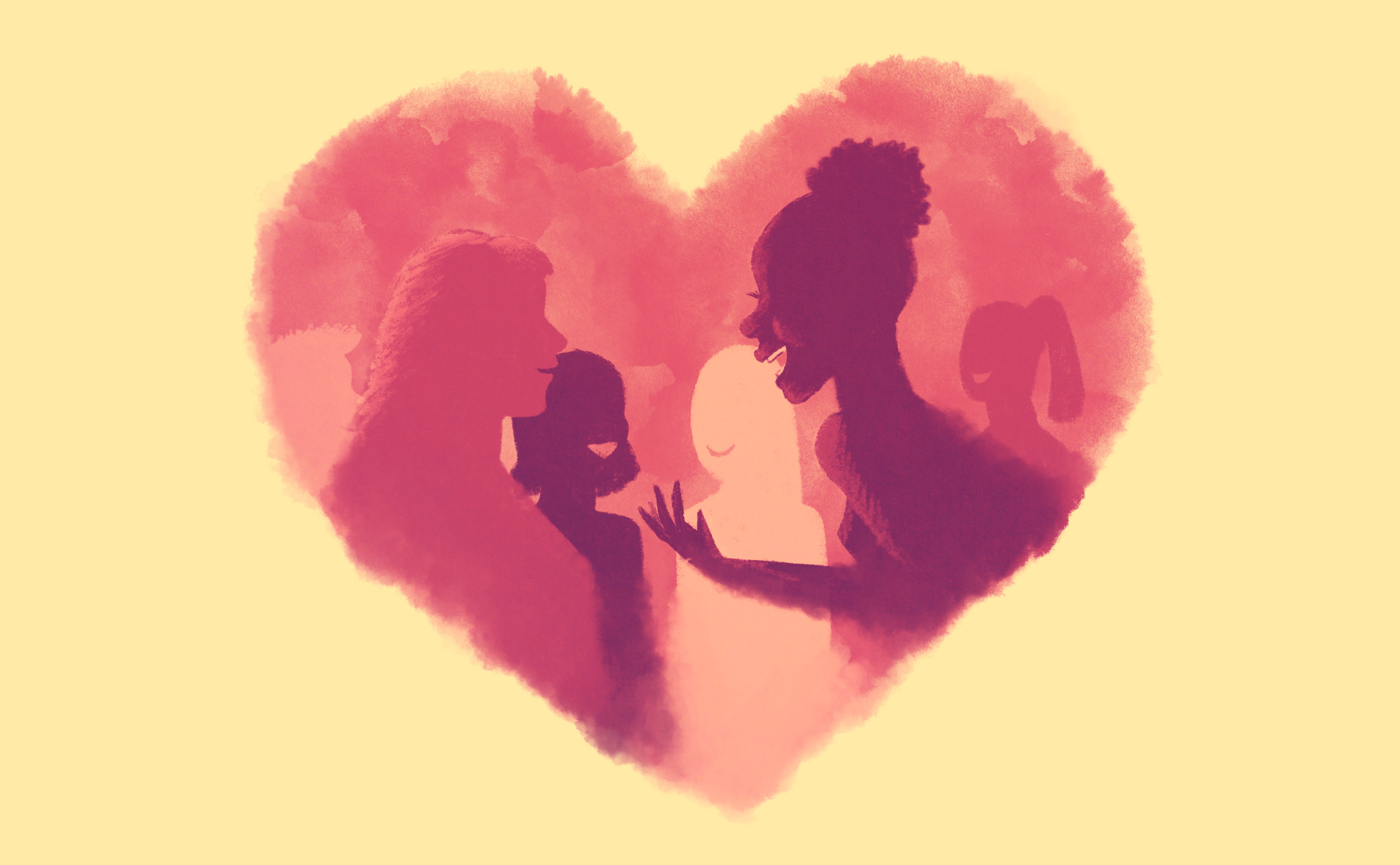 Illustration of silhouettes laughing and smiling within a pink heart