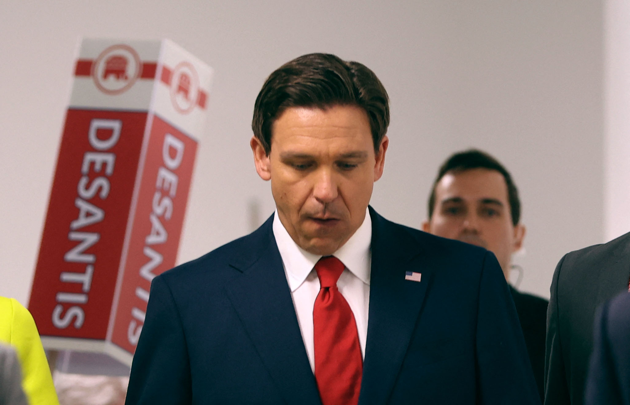 Florida Gov. Ron DeSantis walks to the Spin Room following the first Republican Presidential primary debate at the Fiserv Forum in Milwaukee, Wisconsin, on August 23, 2023.