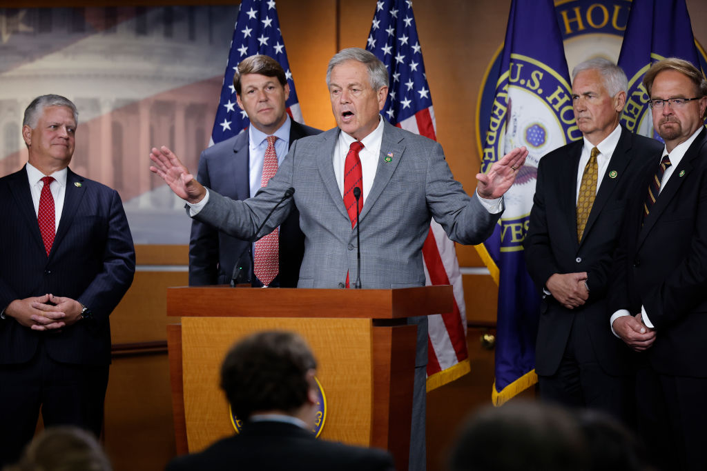House Budget Committee members, Representatives Drew Ferguson, Jodey Arrington, Ralph Norman, Tom McClintock and Chuck Edwards unveil their proposed budget for fiscal year 2024 at the U.S. Capitol Visitors Center on September 19, 2023, in Washington, D.C.