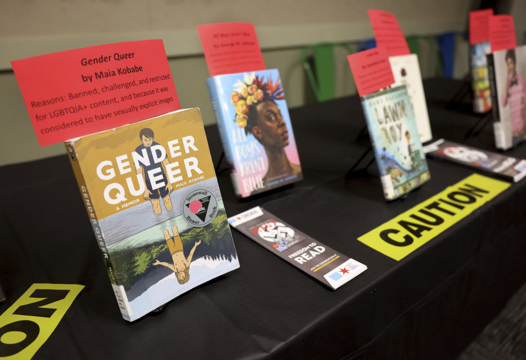 A table displaying queer and Black-authored books that had been recently banned