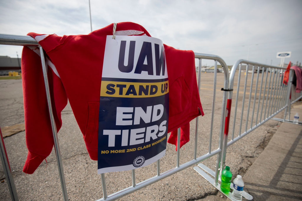 United Auto Workers members strike at the Ford Michigan Assembly Plant on September 16, 2023, in Wayne, Michigan.