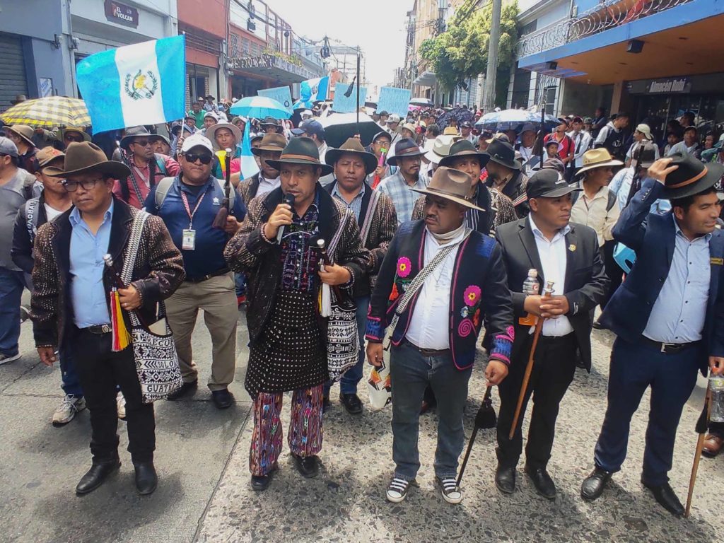 Esteban Toc, an Indigenous governance authority from Sololá, speaks at a march of Indigenous leaders on September 18 in Guatemala City.