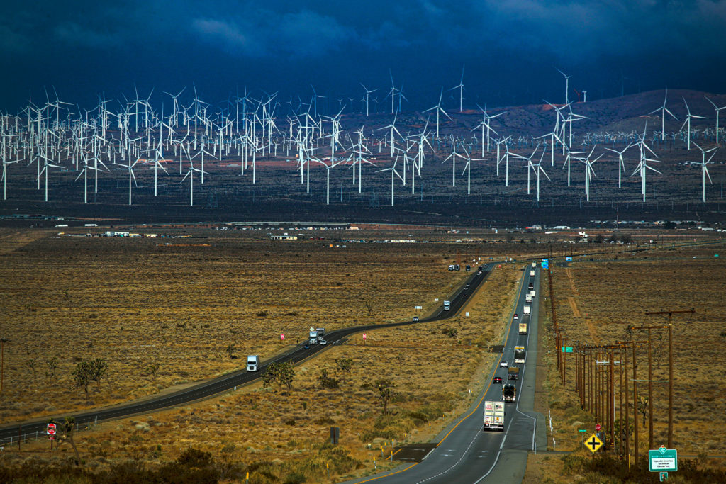 A view of wind turbines seen from Highway 58 on March 23, 2021, in Mojave, California.