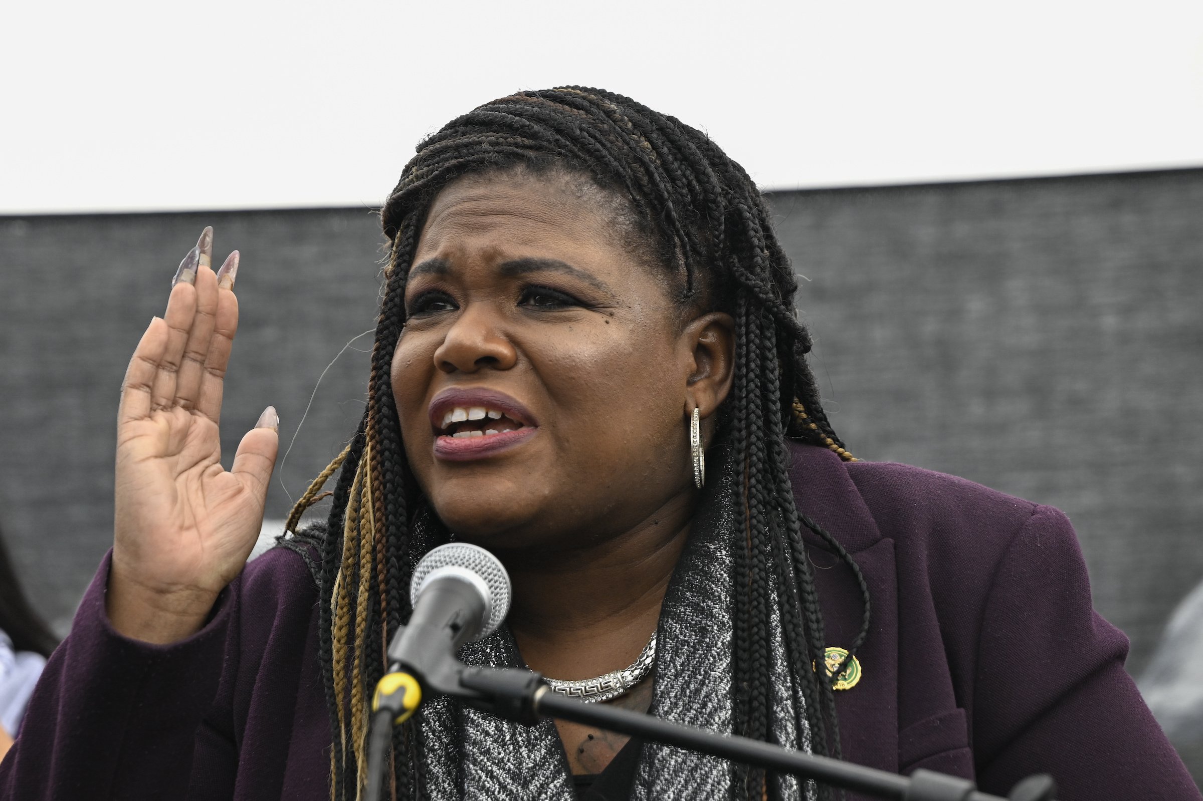 Rep. Cori Bush takes part in a demonstration organized with the attendance of multiple Jewish groups outside the Capitol Building in Washington D.C. on October 18, 2023 to advocate for ceasefire in Gaza.