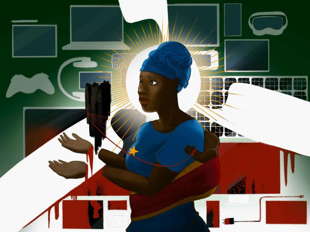 An illustration of a woman wearing the colors and pattern of the Congolese flag with a baby tied to her back. The woman