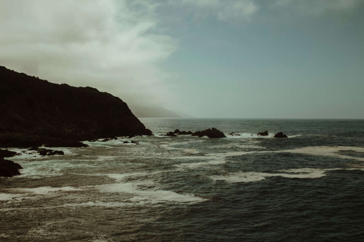 Les vagues s'écrasent le long d'une petite crique de la côte Pacifique du nord de la Californie, là où les séquoias rencontrent l'océan.