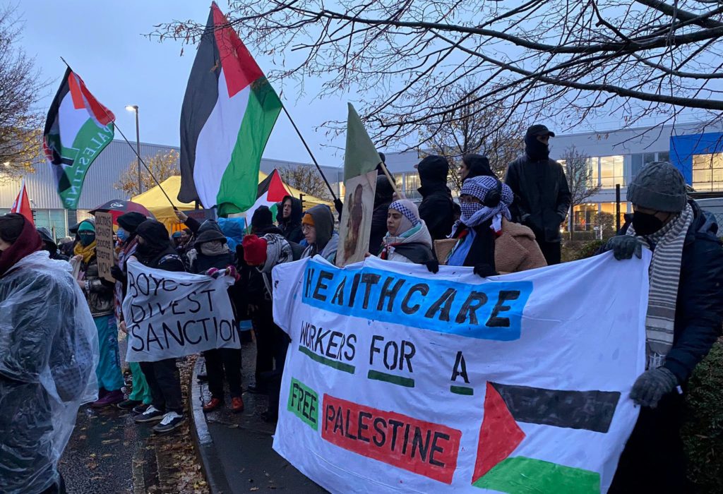 Trade unionists protest a factory in Wimborne Minster, England, that makes components for planes used in Israel