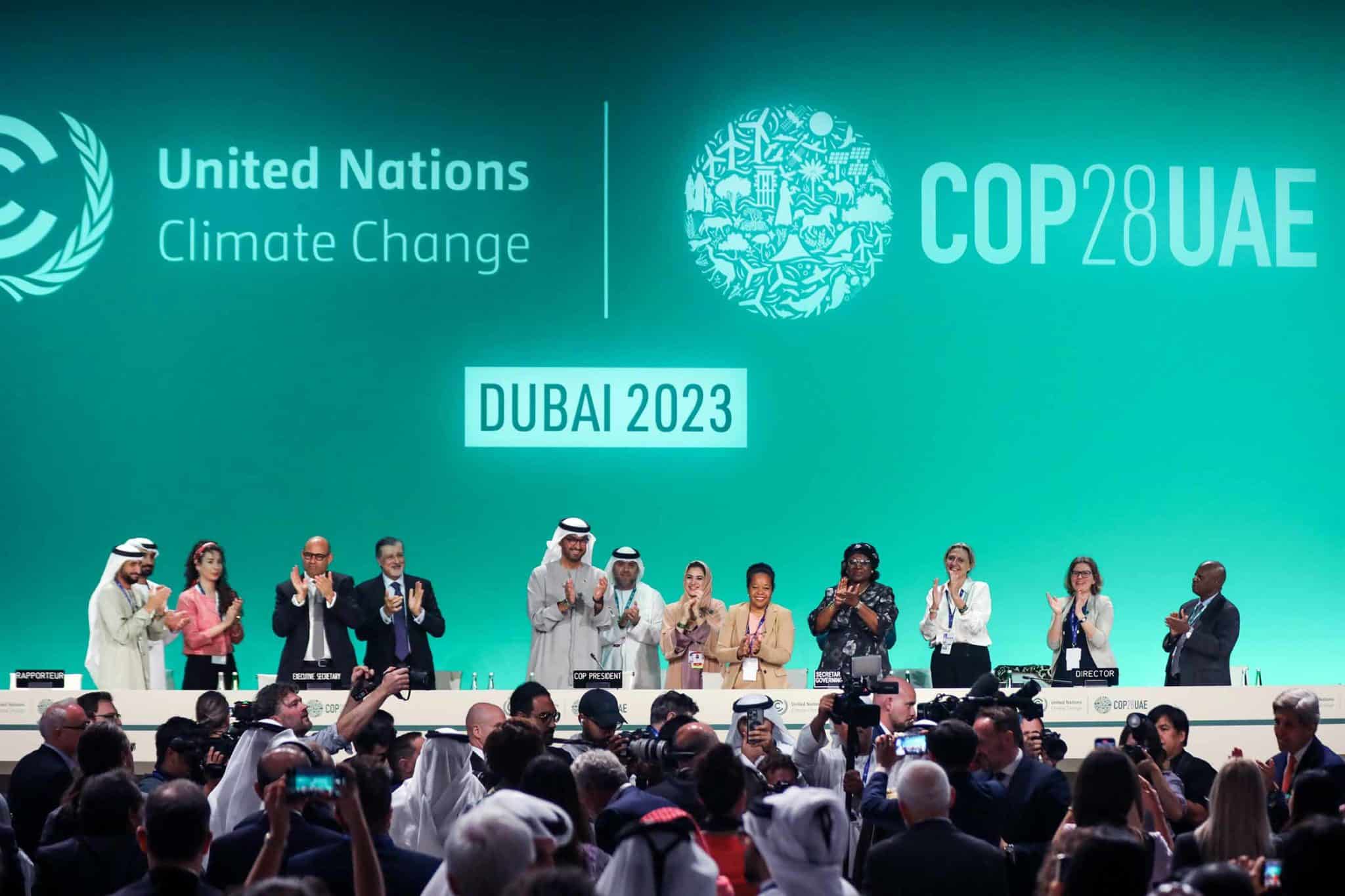 People stand and applaud themselves during COP28