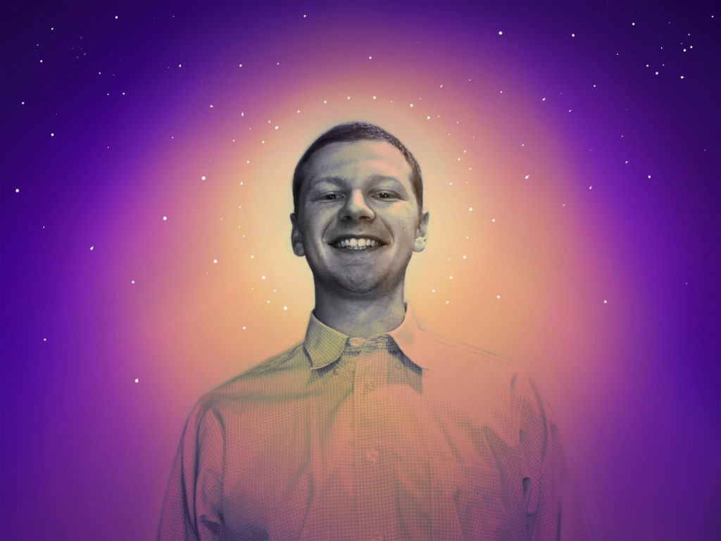 A digital illustration of the late Aaron Bushnell, set against a rising sun and a starry sky