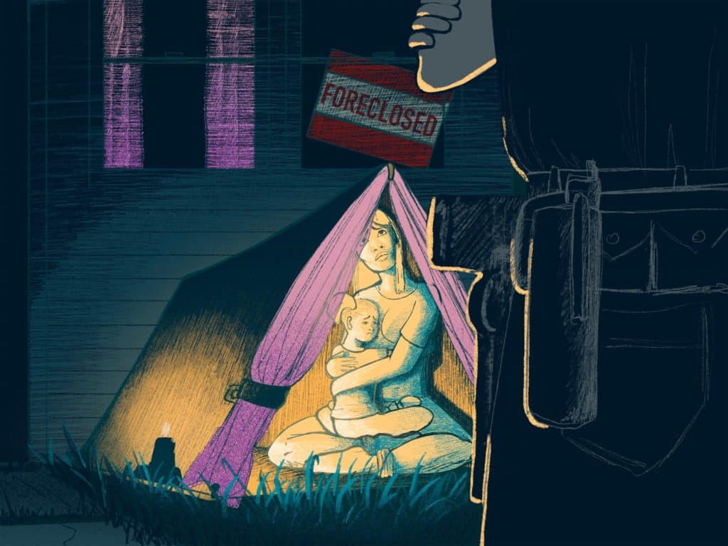 A digital illustration of a woman holding her daughter as they huddle together in a tent outside of their foreclosed home, as a police officer approaches them with crossed arms, his gun clearly visible.