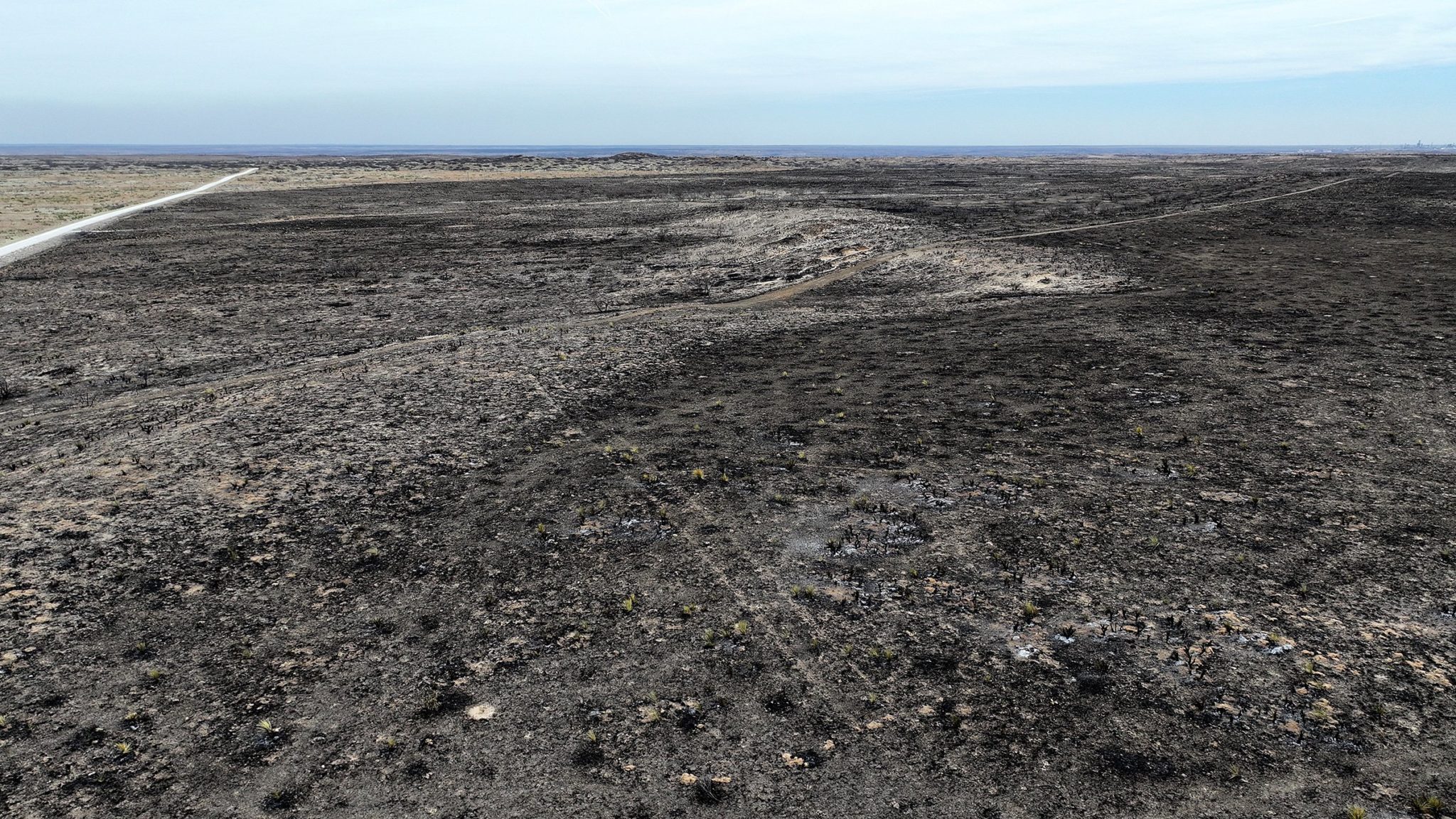 An Aerial view of the burned ground in the aftermath of the Texas Smokehouse Creek fire